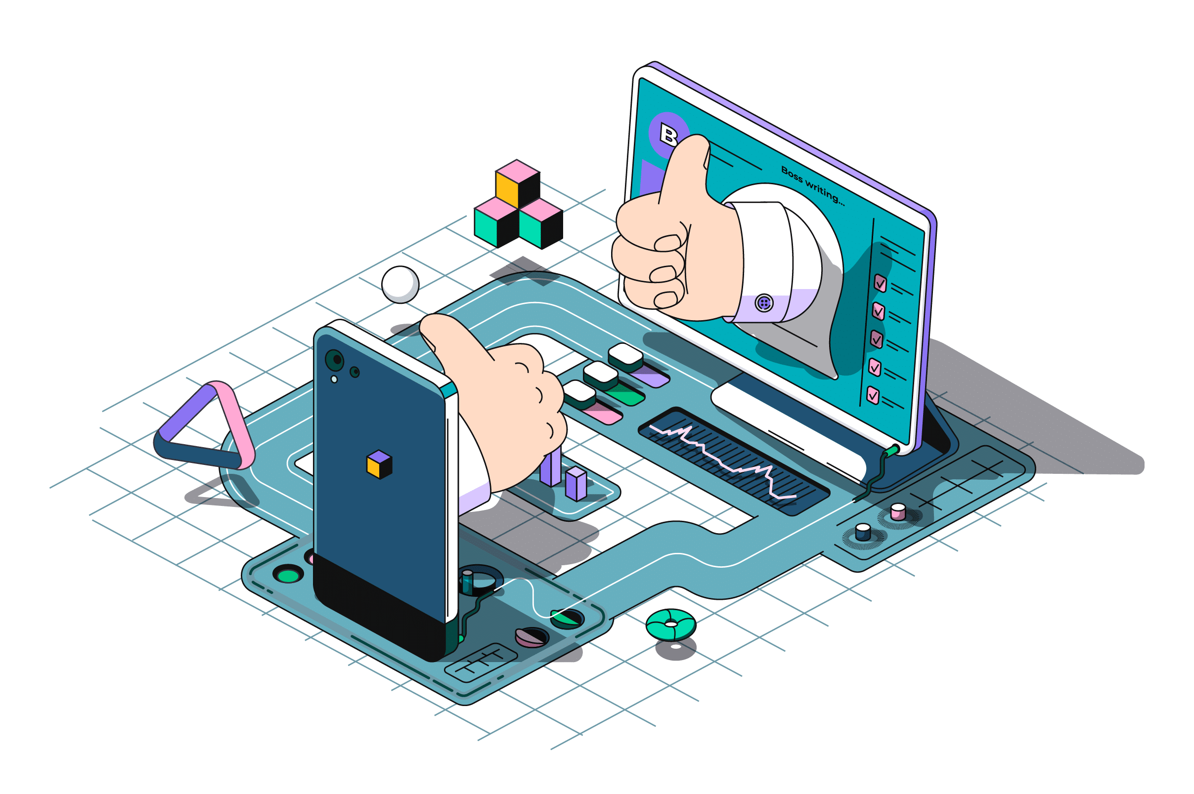 graphic of two thumbs up coming up from screens